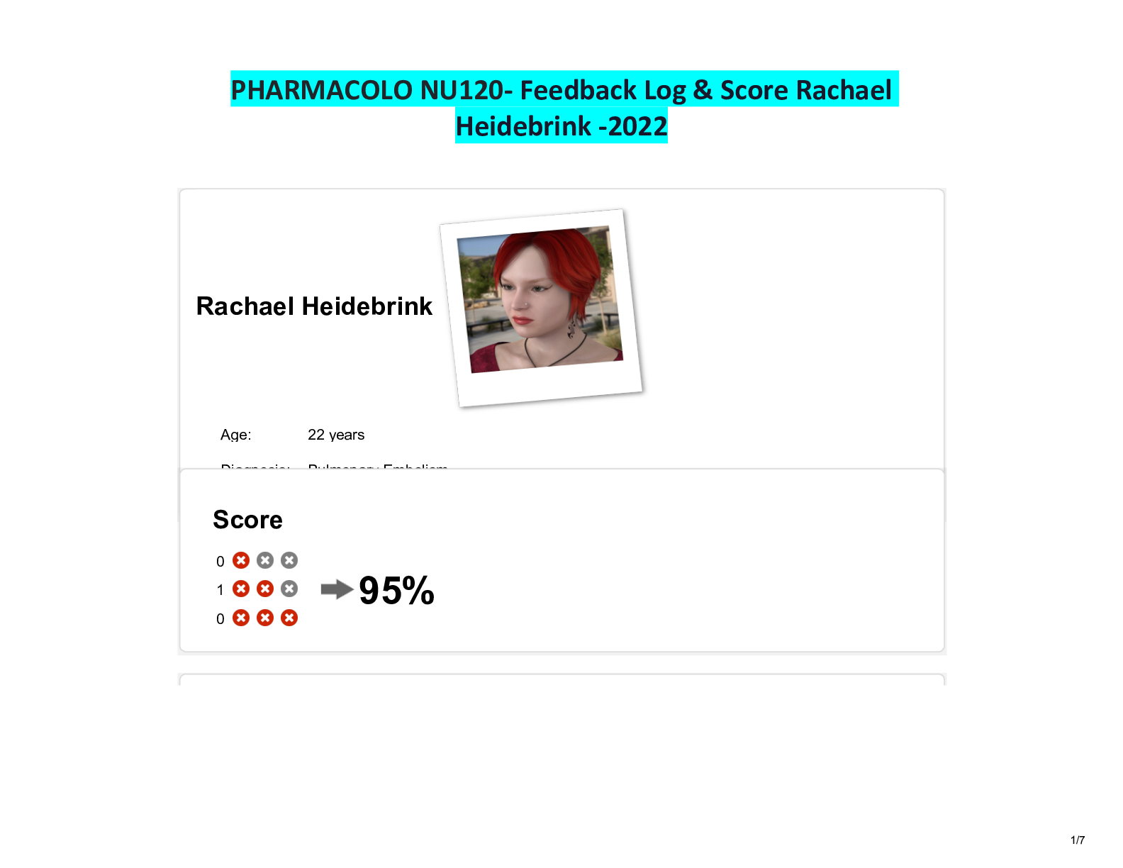 Preview of PHARMACOLO NU120- Feedback Log & Score Rachael Heidebrink -2022